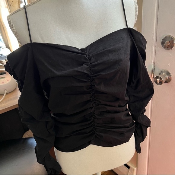 ZARA Fitted Draped Top Rouched Long Sleeve Black - Picture 7 of 15